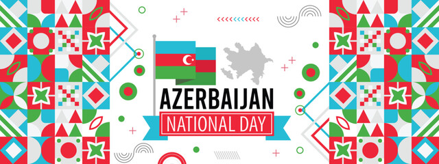AZERBAIJAN national day banner with map, flag colors theme background and geometric abstract retro modern colorfull design