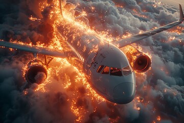 A commercial airliner is consumed by flames mid-flight amidst voluminous clouds illuminated by a setting sun