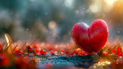A red heart is sitting on the ground in the sunlight.