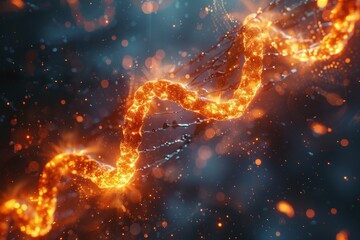 Close-up view of a DNA double helix glowing with bright orange light particles suggesting technological and medical research