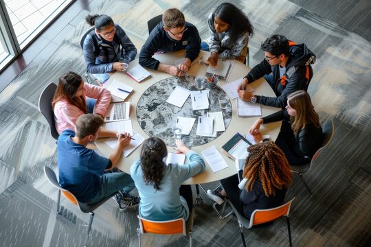 Group of students actively discussing while sitting around a round table, A group of students collaborating at a round table