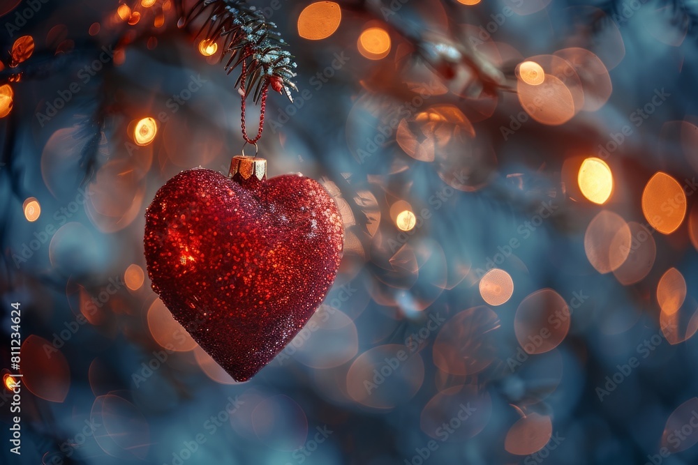 Poster a sparkling red heart-shaped ornament hangs against a blue background with soft glowing lights creat