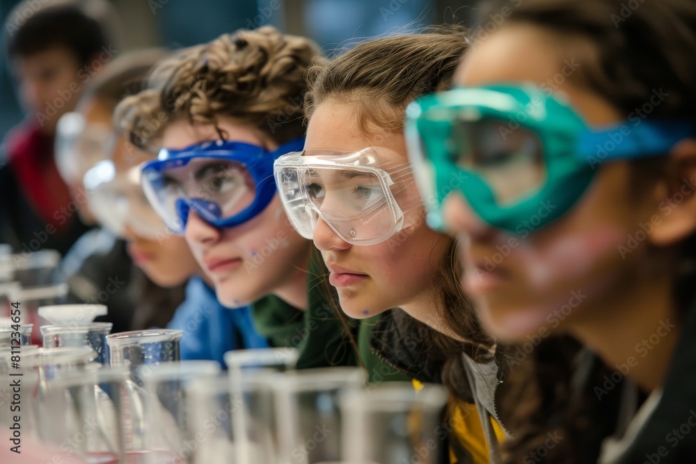 Poster students in lab coats and safety goggles conducting experiments in a laboratory setting, a group of 