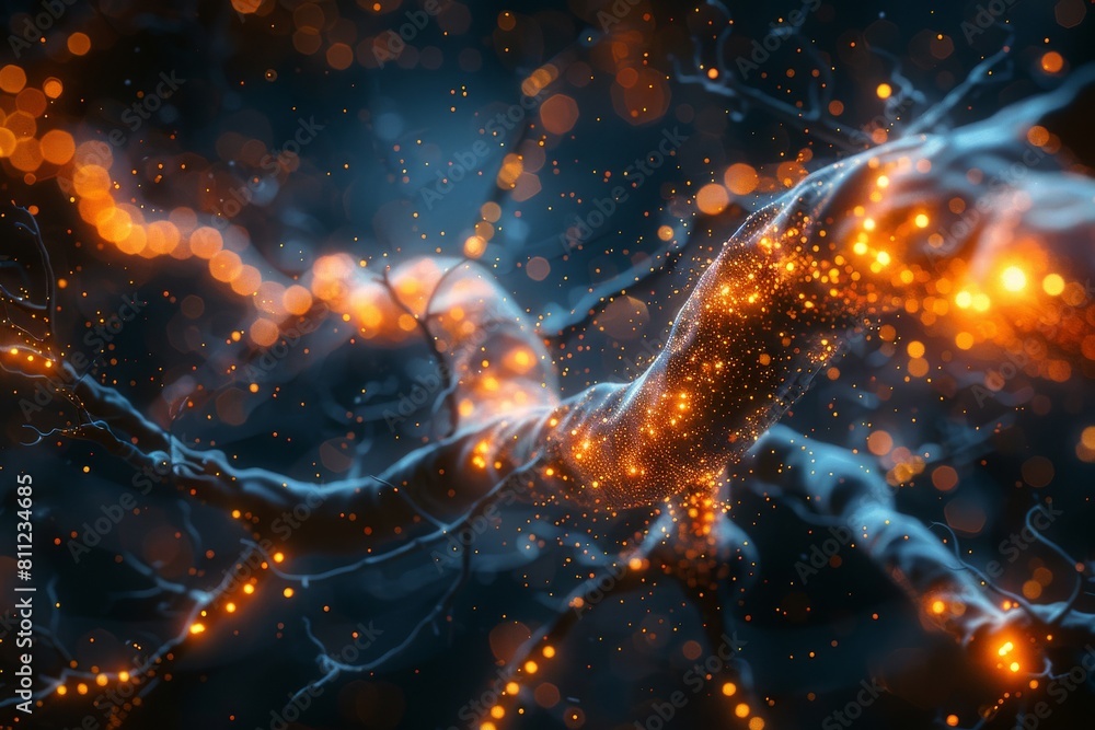 Poster this image visually represents a neural network with glowing connections and nodes, resembling a bio