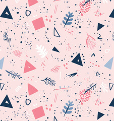 Seamless pattern. Cute pastel pink background with simple shapes and patterns, confetti-like dots, small triangles, circles, arrows, lines.