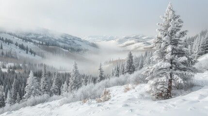 A snow covered mountain with trees and fog in the background, AI