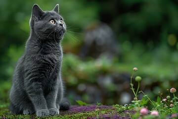 British Shorthair cat sitting on a mossy ground in a garden - Powered by Adobe