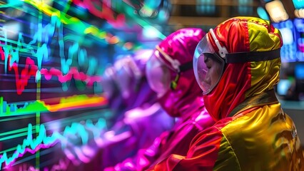 Obraz premium Colorful traders on bustling stock market floor symbolize dynamic business environment. Concept Stock Market, Traders, Business Environment, Colorful, Dynamic