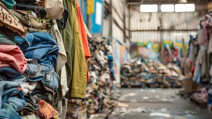 Naklejka premium Fast fashion contributes to environmental issues through excessive waste and lack of recycling. Concept Fast fashion, Environment, Waste, Recycling, Sustainability