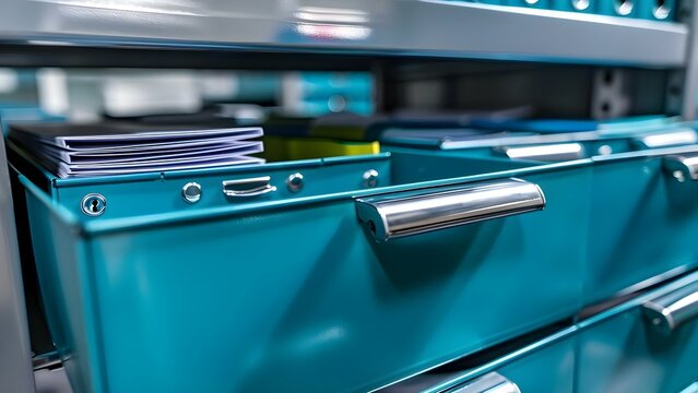 Closeup of organized metal filing drawer with folders office efficiency concept. Concept Office Organization, Filing System, Metal Drawers, Efficiency, Paperwork Management