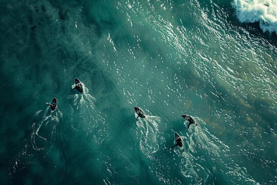 A group of people riding surfboards on top of a wave, paddling out in the sea, A group of surfers paddling out to sea