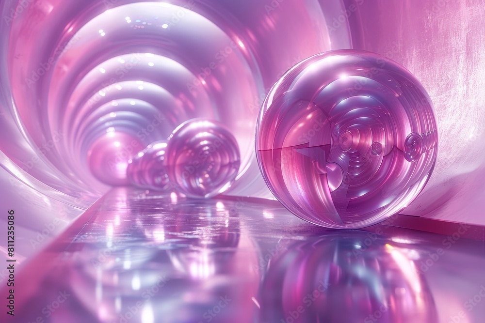 Poster a visually captivating scene with reflective spheres placed in an infinite neon-lit tunnel, creating