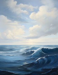 Painting of a painting of a sunset over a large body of water generative ai,Realistic Ocean Waves in the Middle of the Sea Oil Painting Style
