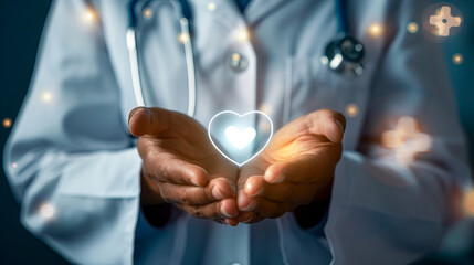 A doctor holding a glowing heart in his hands.