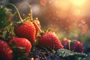 close up of strawberries growing in the garden, sunset view