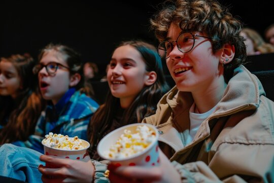 Group of people, mainly teenagers, sitting in a theater, watching a movie and snacking on popcorn, A group of teenagers snacking on popcorn at the movies - Powered by Adobe