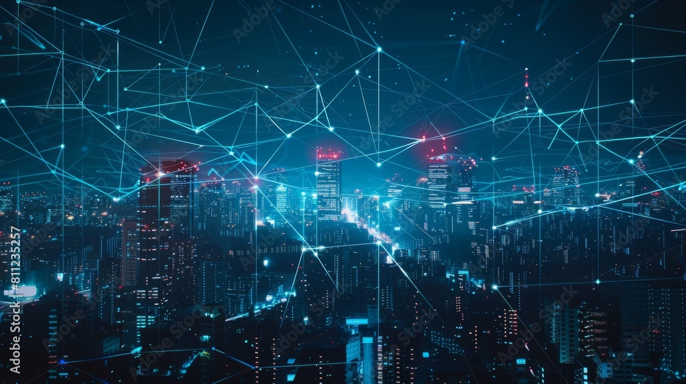 Poster abstract smart network and connection technology concept in city at night for business web banner, b