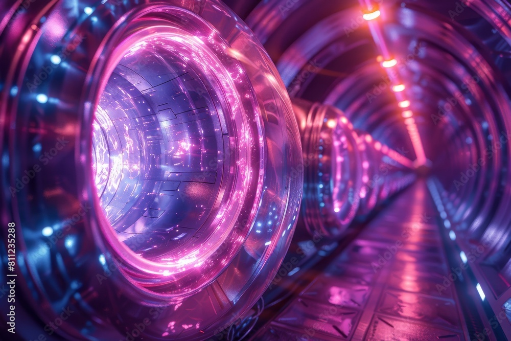 Poster a mesmerizing tunnel with circular pink patterns and reflective surfaces evokes a sense of advanced 