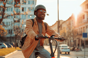 handsome man in helmet riding on electric scooter or bicycle in modern city