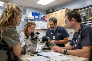 Veterinarians discussing treatment plan around table with furry patient, a dog, A group of veterinarians discussing a treatment plan in a veterinary hospital