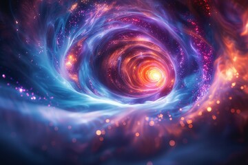 A stunning abstract depiction of a space vortex with vivid colors and glowing center, giving a sense of deep space exploration