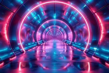 The image showcases a futuristic corridor bathed in neon lighting, symbolizing progress and cutting-edge technology