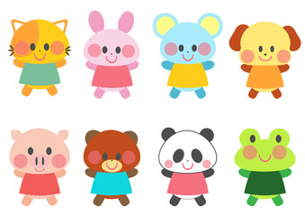 保育動物イラスト全身素材集_うさぎ, 犬, 蛙, 猫, ねずみ, 熊, 豚, パンダ