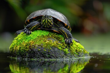 Fototapeta premium Resting Bog Turtle on Mossy Stone in Pond: A Vivid Display of Water Reptile's Unique Shell