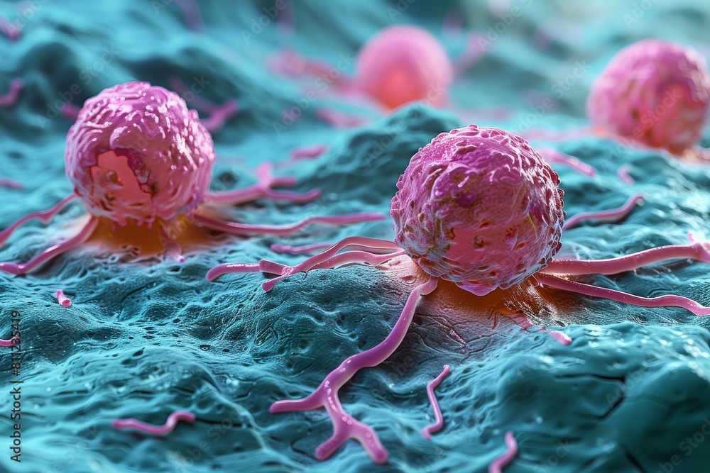 Poster A digitally rendered image featuring multiple microscopic cancer cells with a depth of field effect on a textured surface