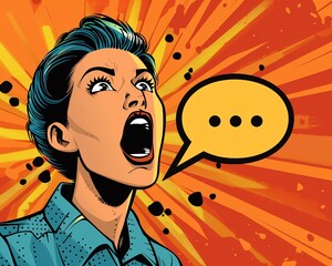 Naklejka premium A vibrant cartoon style image of a person shouting with a speech bubble containing a bold exclamation mark, symbolizing a sudden realization or shout
