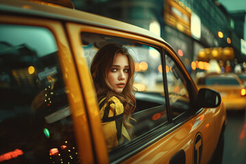 young beautiful woman in taxi car