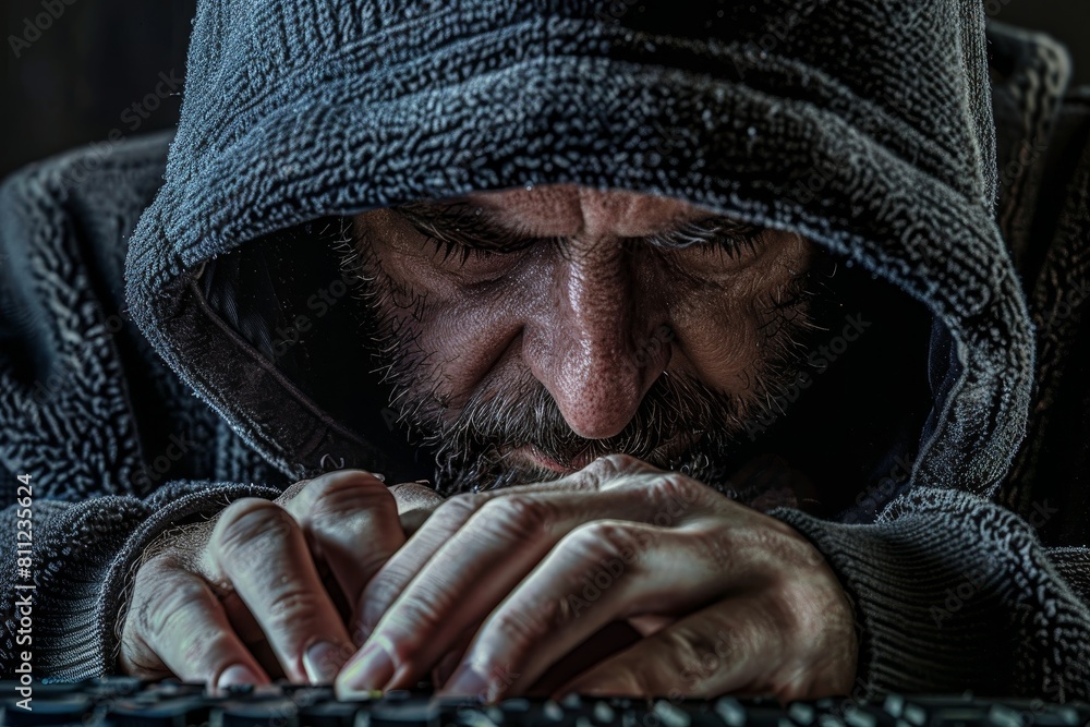 Poster a man in a hooded jacket is typing quickly on a keyboard, a hacker wearing a hood and typing furious