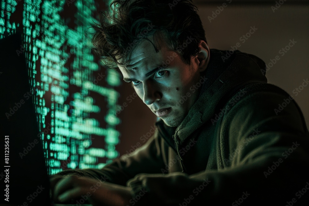 Poster a man is seated in front of a laptop computer, focused on the screen while working or browsing onlin