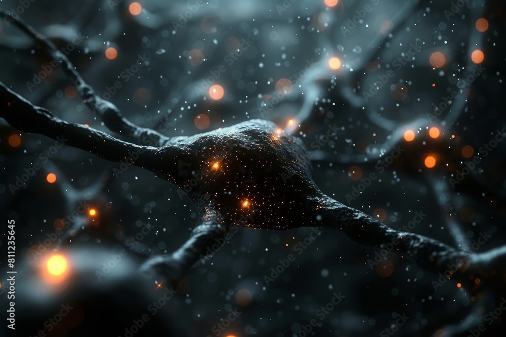 Poster a digital representation of neurons within a brain, highlighting connections with glowing sparkles