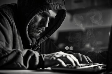 Fototapeta premium A man wearing a hoodie is intensely typing on a laptop computer, A hacker wearing a hood and typing furiously on a keyboard