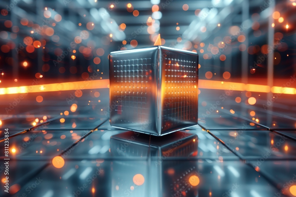 Poster advanced technology concept with a glowing cube center stage in a reflective, digitalized led enviro