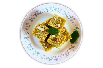 Indian gujarati traditional Sweet snack mohanthal besan burfi known in india as burfi,magas laddu,,halwasukhdi,son papdi, for offering to god as prasad in hindu religion,transparent background,png 