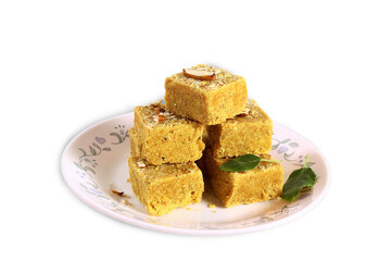 Indian gujarati traditional Sweet snack mohanthal besan burfi known in india as burfi,magas laddu,,halwasukhdi,son papdi, for offering to god as prasad in hindu religion,transparent background,png 