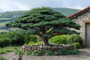 Fototapeta premium Majestic Atlas Cedar Tree in a Lush Garden with Rolling Hills and Stone Wall