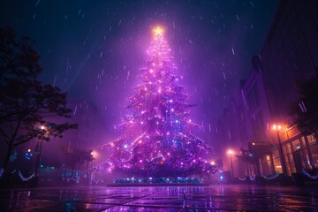 An illuminated Christmas tree in an urban setting with rain, providing a festive cityscape