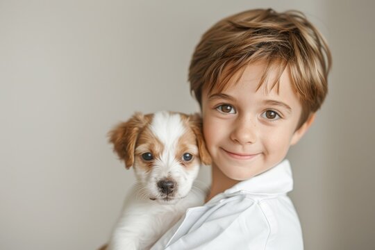 Close-up portrait of a little boy hugging a cute puppy. Happy child loves and cares of his adored pet. Solicitous kid dreams of becoming a veterinarian.