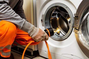 A handyman uses a hose to repair a washing machine, focusing on the broken appliance, A handyman fixing a broken appliance with a flashlight in hand