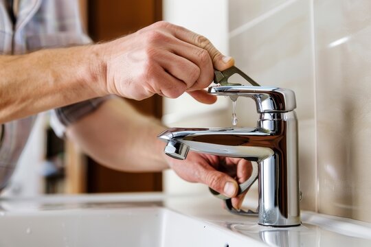An experienced handyman is repairing a leaky faucet on a sink in a residential kitchen, A handyman fixing a leaky faucet