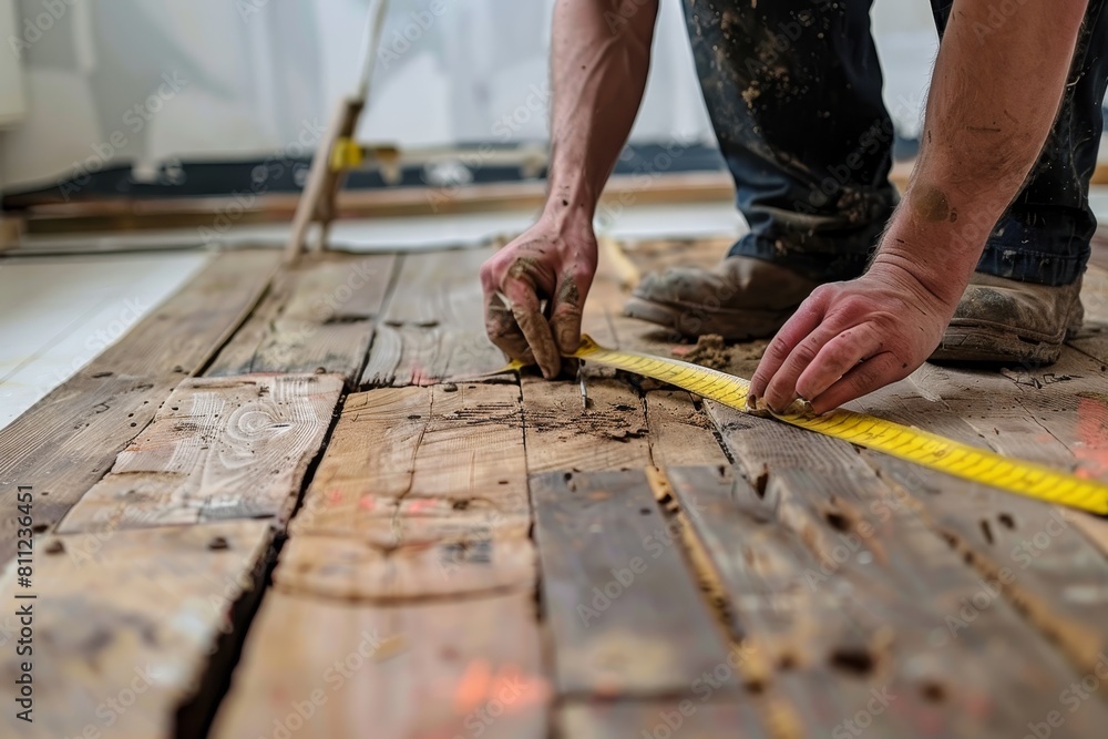 Poster a man using a tape measure to determine the width of a wooden floor, a handyman measuring wood with 