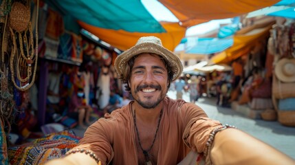 Fototapeta premium Happy Tourist Capturing Selfie at Jamaa el-Fna Market in Marrakech