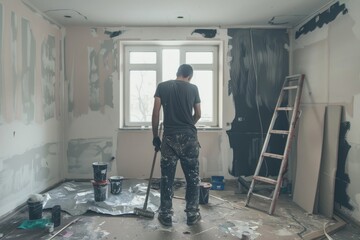A man using a ladder to paint the walls of a room, A handyman painting a room