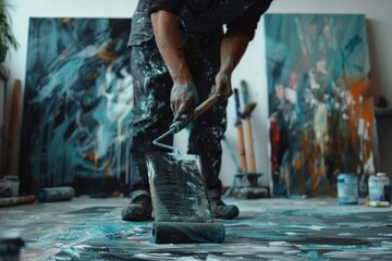 A man is carefully painting a picture with a paintbrush, focused on creating his artwork, A handyman painting a room with a roller brush