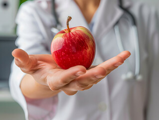 A doctor holding an apple in her hand.