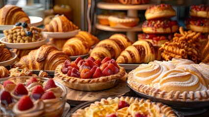 Bakery interior filled with delicious pastries like croissants pies waffles and churros. Concept Delicious Pastries, Croissants, Pies, Waffles, Churros, Bakery Interior