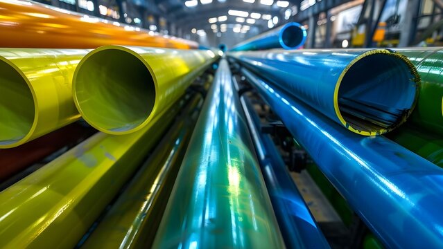 Metallic industrial steel pipes at manufacturing site for plumbing. Concept Industrial Pipes, Manufacturing Site, Plumbing, Metallic Materials, Steel Structures